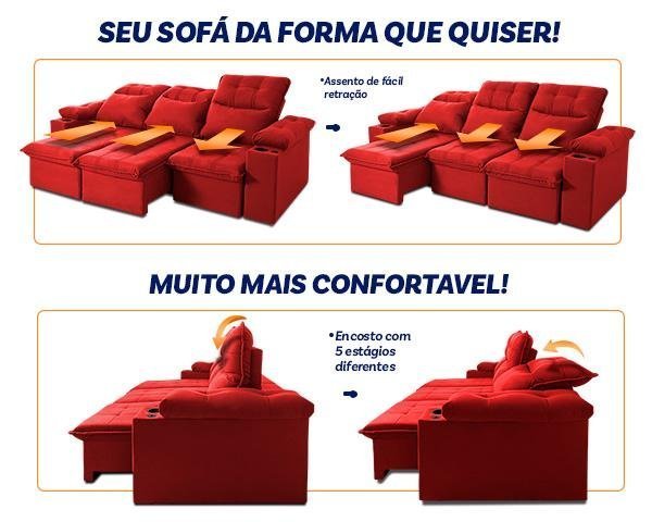 Sofá Retrátil Reclinável Verona Usb + Porta Copo 2,30m Suede Velut Vermelho C/ Molas no Assento - 4