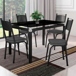 Conjunto De Mesa Com 4 Cadeiras Malva Tampo De Vidro 107cm SF Preto Fosco Assento Cinza Andorinha - 1