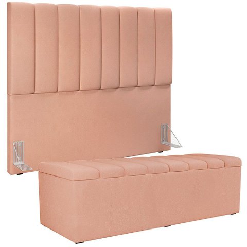 Kit Cabeceira Cama Box Casal 140 Cm com Calçadeira Recamier Baú Dália W01 Linho Rosê - Lyam