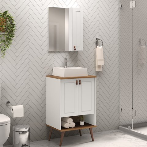 Gabinete para Banheiro com Cuba e Armário com Espelho 50cm Denver Yescasa