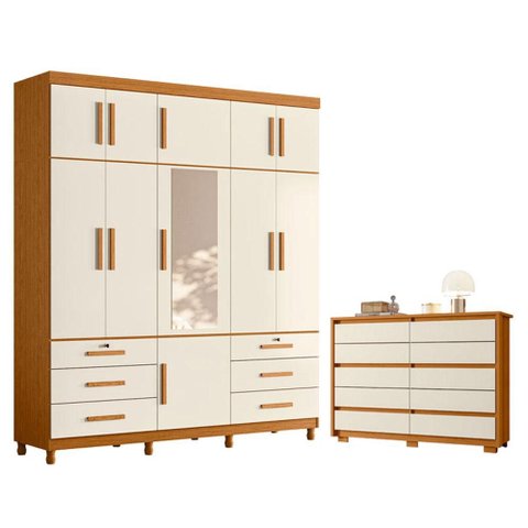 Guarda Roupa Casal Triton Plus 11 Portas com Espelho e Cômoda Duetto Cinamomo Off White - Móveis Alb