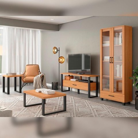 Sala de Estar Industrial com Rack Mesa de Centro Mesa Lateral Cristaleira MDF Freijó com Preto