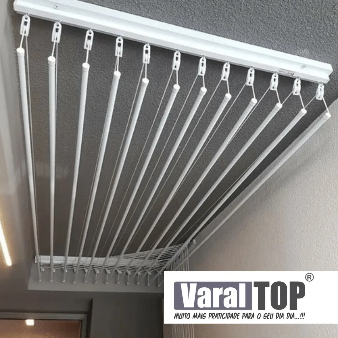 Varal De Teto Individual 150cm x 10 Varetas - Em Alumínio Branco