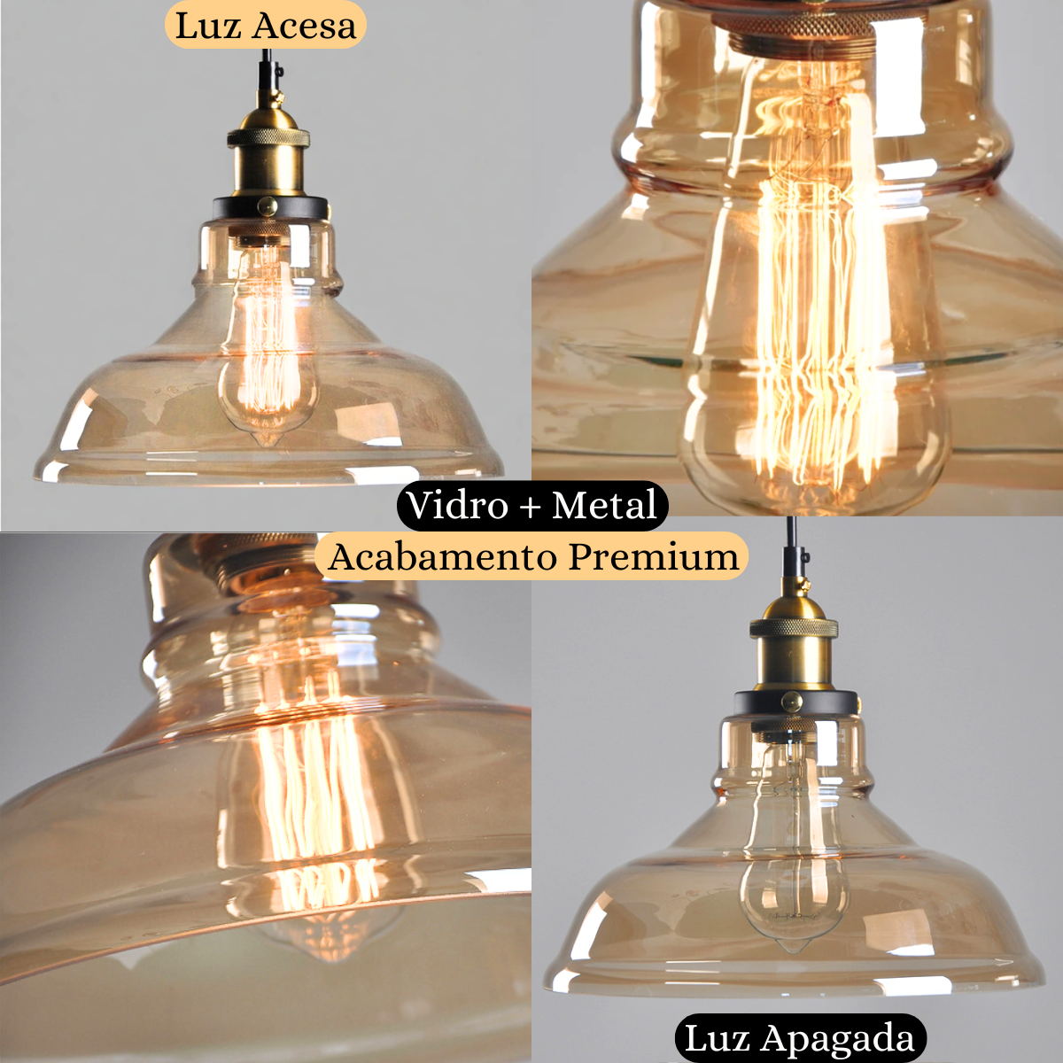 Ver imagem 5 de Luminária Lustre Pendente Teto 28x23cm Vidro Âmbar Industrial Retrô Vintage E27 Gimpo Kjdde-237-amb