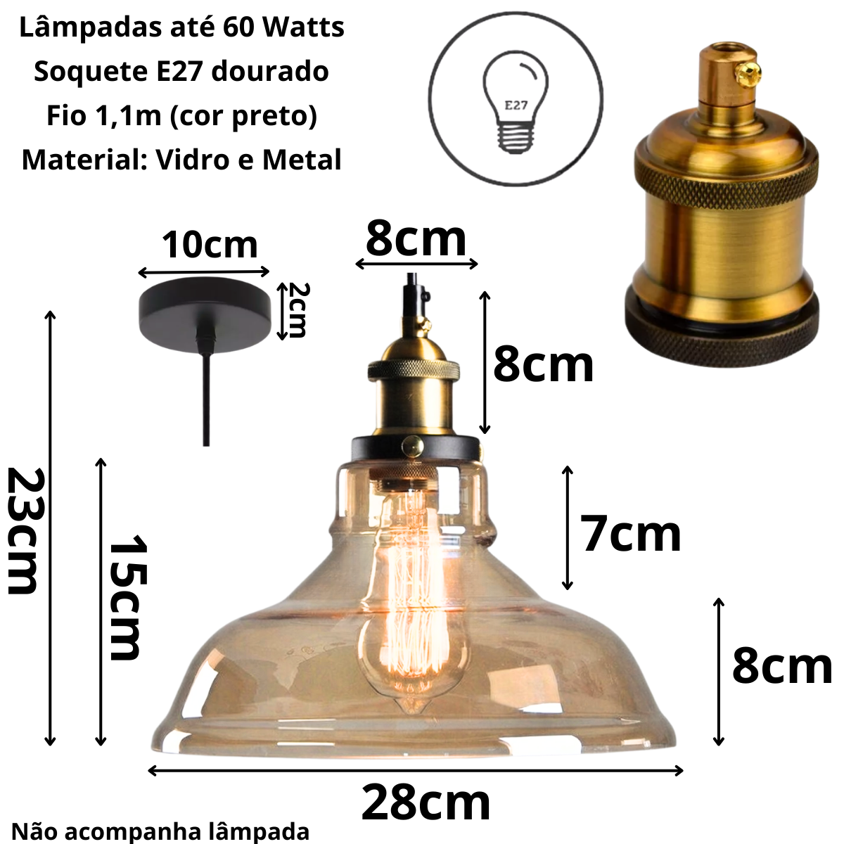 Ver imagem 6 de Luminária Lustre Pendente Teto 28x23cm Vidro Âmbar Industrial Retrô Vintage E27 Gimpo Kjdde-237-amb