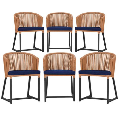 6 Cadeiras de Jantar Área Noronha em Alumínio com Pintura Preta Corda Náutica Estofado 10 Trama Orig