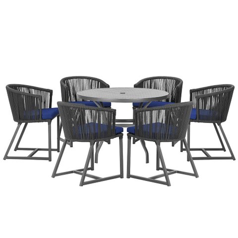 Mesa com 6 Cadeiras de Jantar Roma 120cm e Noronha em Alumínio Preto Corda Náutica Estofado 10 Trama