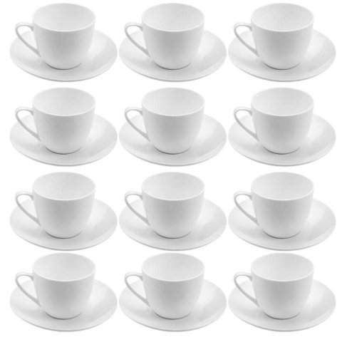 Jogo 12 Xicaras de Chá com Pires 220ml Porcelana Branca Clean Lyor Mesa Posta