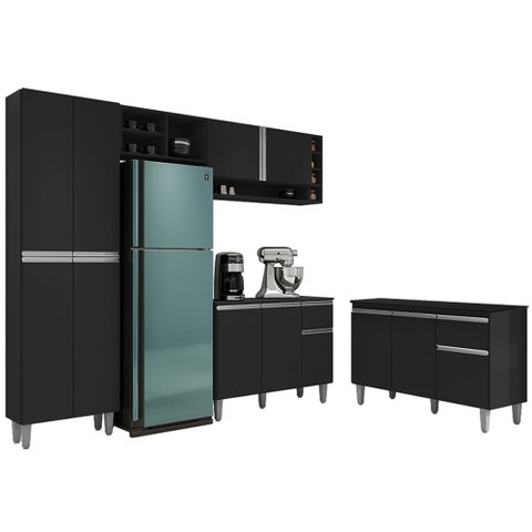 Cozinha Compacta Vanessa e Balcão Gabinete com Tampo Tatiane 120cm Preto - Ajl Móveis