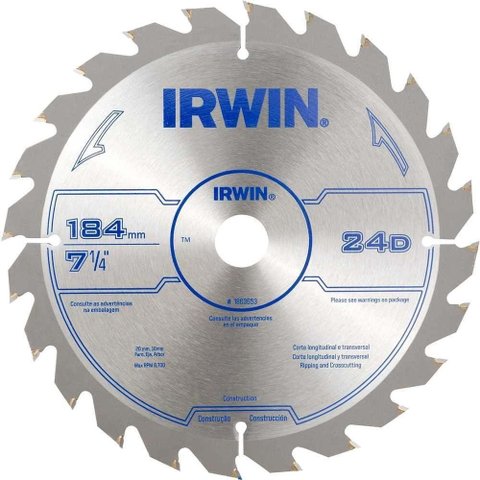 Lâmina de Serra Circular 1863653 para Cortes Rápidos em Madeira 184mm x 20mm 24 Dentes Irwin