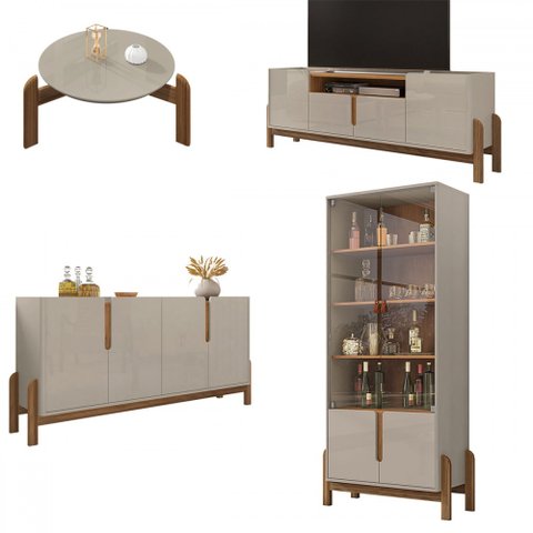 Sala de Estar Completa para Tv até 60 Polegadas Home 12 Portas 4 Peças Off White/cedro - Pnr Móveis