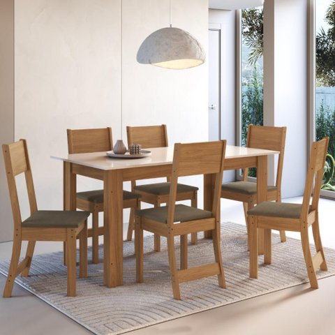 Conjunto Sala de Jantar Fidelitá Veneza com 6 Cadeiras Freijó/off-white Assento Cacau