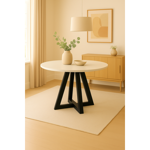 Mesa Jantar 100cm Tampo Mdf/vidro Redonda 4 Cadeiras Pés Madeira Maciça Preto/offwhite