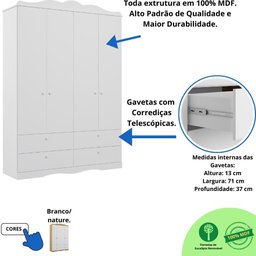 Guarda Roupas Infantil 4 Gavetas 4 Portas Provençal 100% Mdf Branco - 3