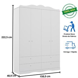 Guarda Roupas Infantil 4 Gavetas 4 Portas Provençal 100% Mdf Branco - 5