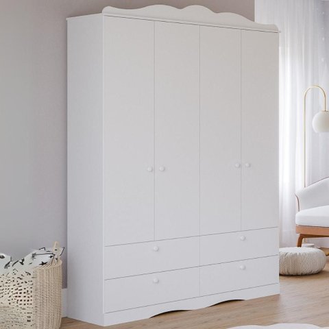 Guarda Roupas Infantil 4 Gavetas 4 Portas Provençal 100% Mdf Branco