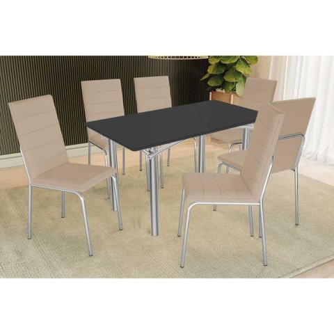 Conjunto: Mesa Sala Jantar Elba Tampo Madeirado C/ Vidro 160cm e 6 Cadeiras Amsterdã Cromada/preto
