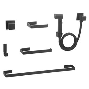 Kit de Acessórios para Banheiro Quadrado Preto Completo Luxo + Ducha Higiênica Lisboa + 1 Acabamento