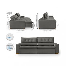 Sofá Prime 5 Lugares, Retrátil, Reclinável, 2,65M com Molas Yescasa - 3 Sofá Prime 5 Lugares, Retrátil, Reclinável, 2,65M com Molas Yescasa - 3