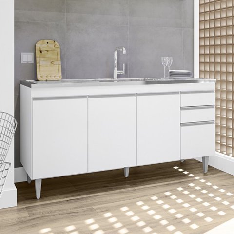 Balcão Lorena com Pia e Cuba Ghelplus 160cm 4 Portas 2 Gavetas Branco Maderatto Móveis