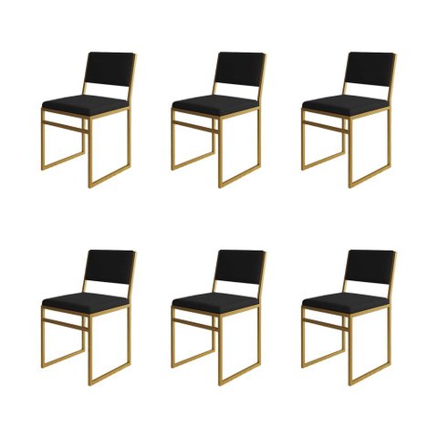 Kit 6 Cadeiras Industrial Isa Veludo Preto Base Dourado para Mesa Sala Cozinha - Dourado/preto
