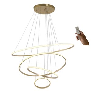 Lustre Led 4 Anéis Moderno 125w 80cm Dourado C/ Controle