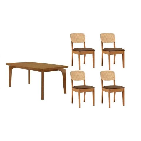 Conjunto: Mesa Sala Jantar Londrina Tampo Curvo 120cm+4 Cadeiras Havana Naturale - Suede Marrom -