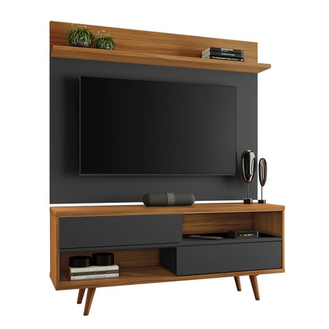 Rack com Painel Assimério Preto com Freijó - MoveisAqui