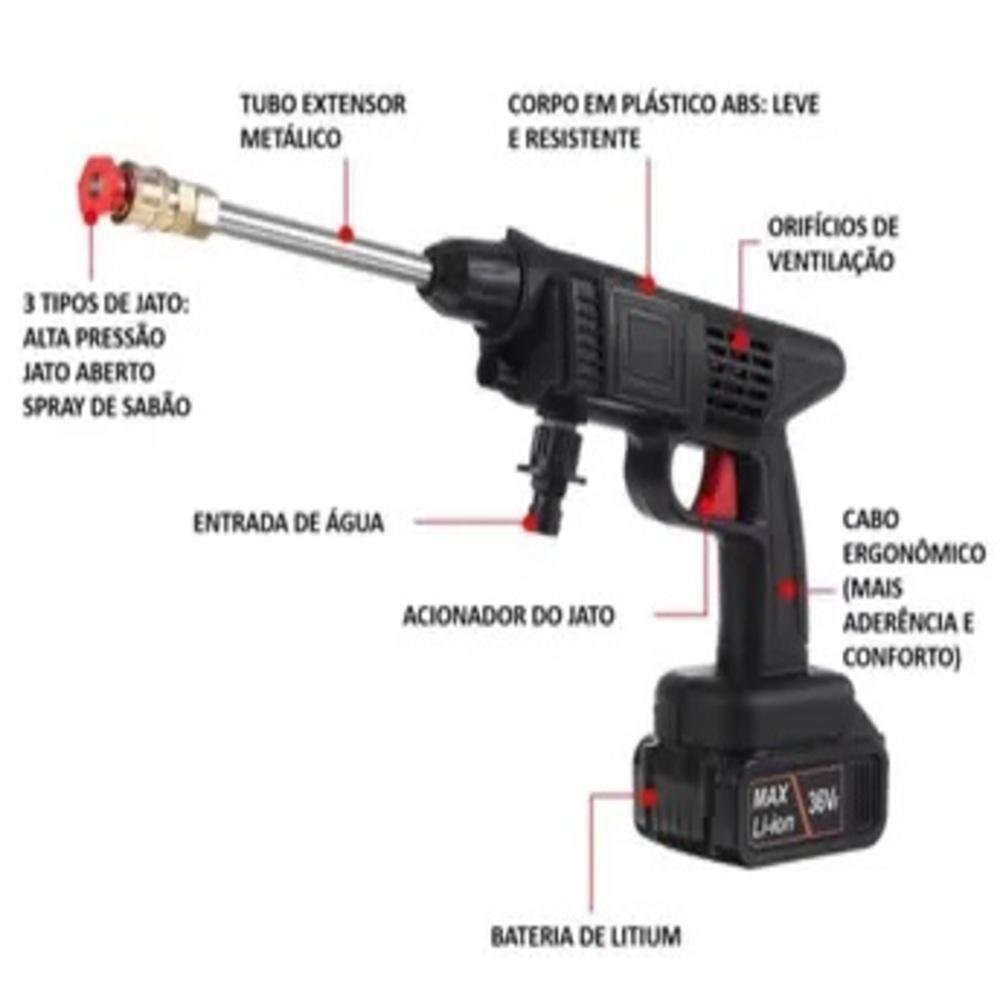 Lavadora de Alta Pressao Portatil sem Fio Pistola Agua Gatilho Lava Carro Quintal Kit Completo - 6