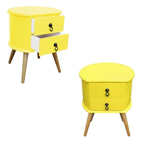 Kit 2 Mesas de Cabeceira Gavetas Retrô Pés Palitos Madeira:amarelo