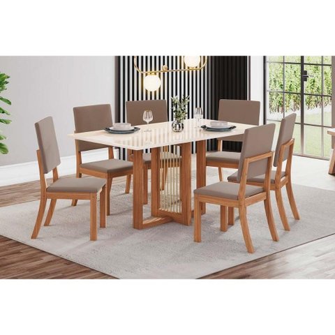Conjunto: Mesa Sala Jantar Natalí C/ Tampo Madeirado C/ Vidro Reto 160x90cm e 6 Cadeiras Milla