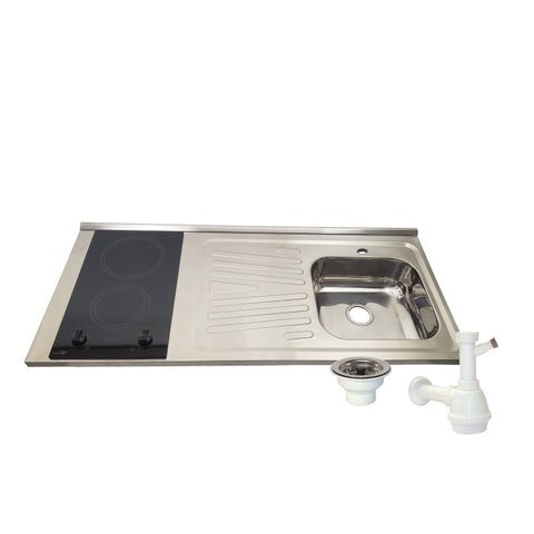Pia Fogão Elétrico 2 bocas Fabrinox 120x55cm, cuba direita, furo para torneira, válvula e sifão