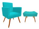 Ver imagem 1 de Kit Poltrona Decorativa Nina + Puff Retangular Suede Azul Tifany Pés Madeira Mz Decor