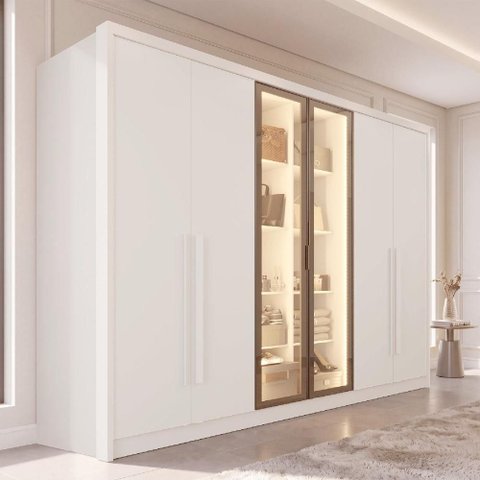 Guarda-Roupa Casal com Vidro e LED 6 Portas e 6 Gavetas Multimóveis Crnvh-GRP144 Neve