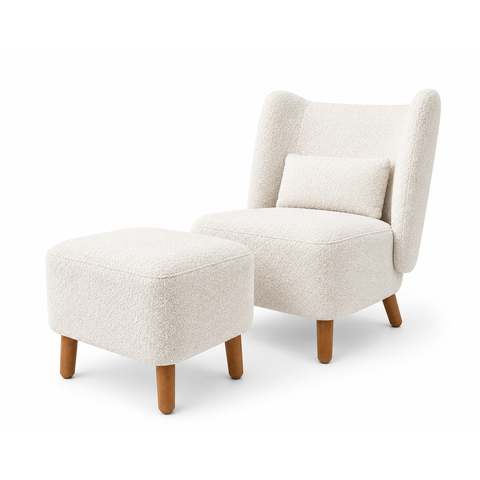 Poltrona com Puff Decorativo Cronos Bouclé Off White - Sallar Home