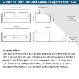 Sofá-cama 3 Lugares Mh-1606 Herval 176 Cm Colchão Casal Linho Cinza C - 8