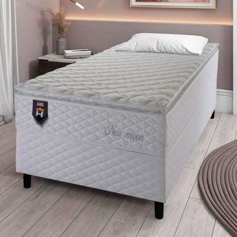 Conjunto Cama Box Solteiro New Moon 88x188x66 Branco C/ Molas Ensacadas