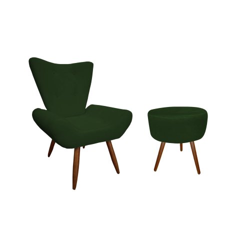 Kit Poltrona Decorativa Emilia + Puff Redondo Suede Verde Pés Madeira Mz Decor
