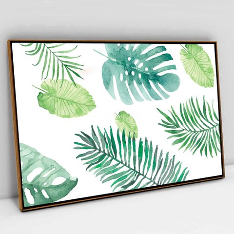 Quadro Decorativo em Canvas Folhagem Aquarela TaColado Moldura Flutuante 4,5cm Freijó 120 x 80cm
