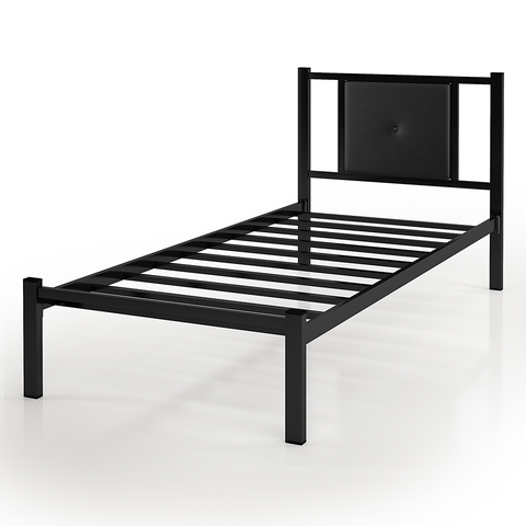 Cama Solteiro Bruna Estrutura 100% Aço Industrial Militar Preto com Cabeceira Estofada Preto