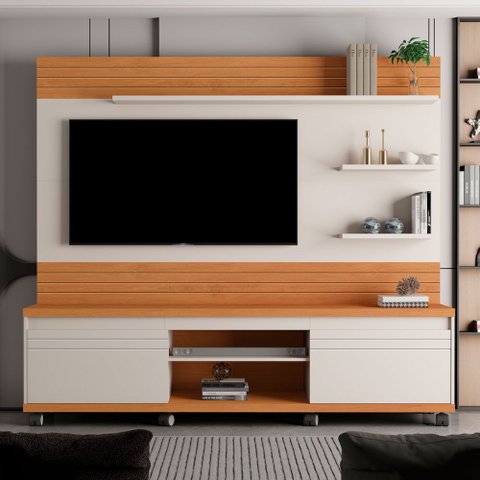 Home Estante Rodízios Cedro Off White e Nature com Nichos e Espaço para TV Grande