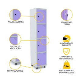 ROUPEIRO DE AÇO 1M 04 PORTAS PITÃO PANDIN - CINZA/LILÁS GRP 501/4 DI - 3