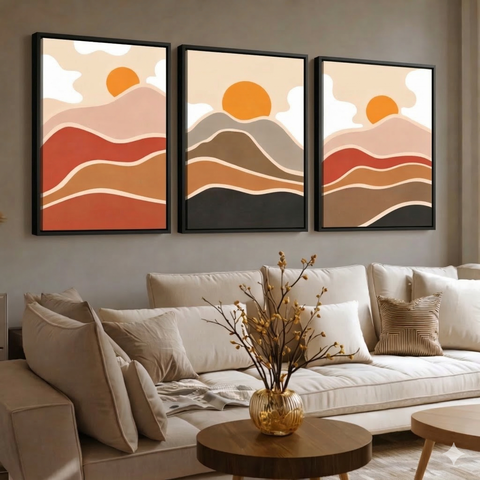 Conjunto 3 Quadros Decorativos por do Sol com Moldura Preta em Tecido Canvas P Sala Quarto