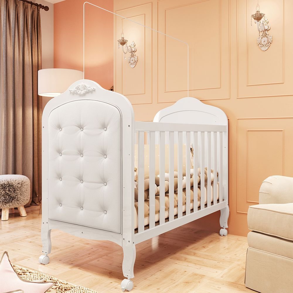 Berço Mini Cama 3 em 1 com Capitonê 100% MDF Maya Espresso Móveis Branco Brilho/Corino