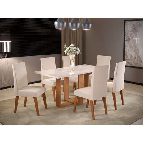 Mesa Jantar com 6 Cadeiras Tampo Vidro Tradição Milão Mel / Off White Linho Bronze