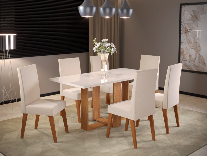 Mesa Jantar Viero Tradição Tampo Vidro com 6 Cadeiras Milao Mel / Off White Linho Bronze Viero Móvei