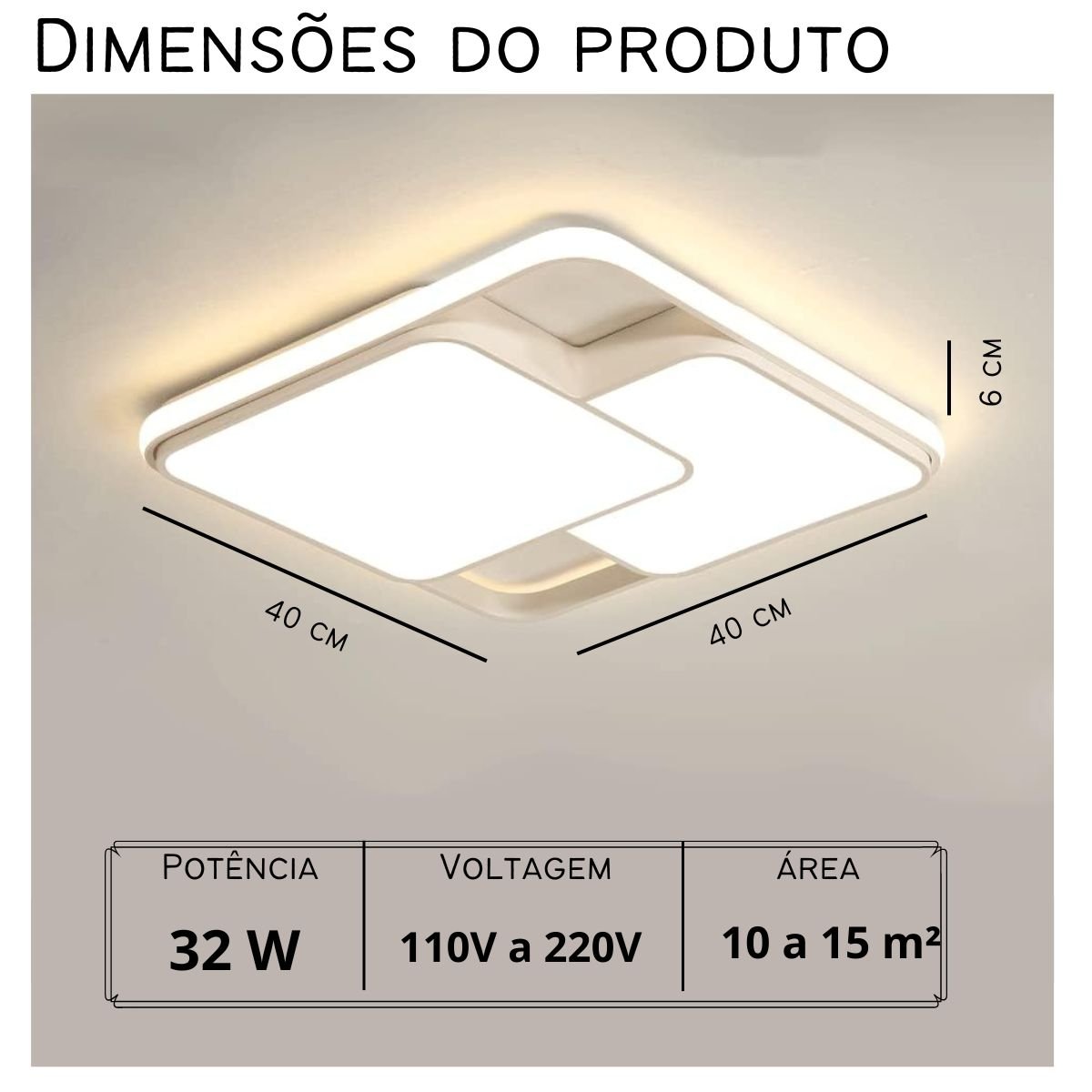 Luminária de Led de Sobrepor Quadrada Bivolt 32w 3 em 1 com Luz Central Dupla:branco - 3