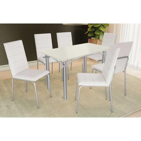 Sala de Jantar Completa Elba Tampo Madeirado C/ Vidro 120cm e 6 Cadeiras Amsterdã Cromada/off White