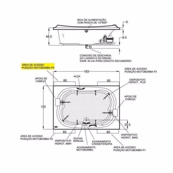 Banheira Hidromassagem Jacuzzi Eura Dupla 1,83m x 1,20m x 49cm - 10 Jatos P4 com 1 Par de Alças - 3