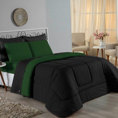 Kit Edredom Dupla Face + Jogo de Lençol Casal Nobre 7 Peças Malha 100% Algodão - Preto / Verde-